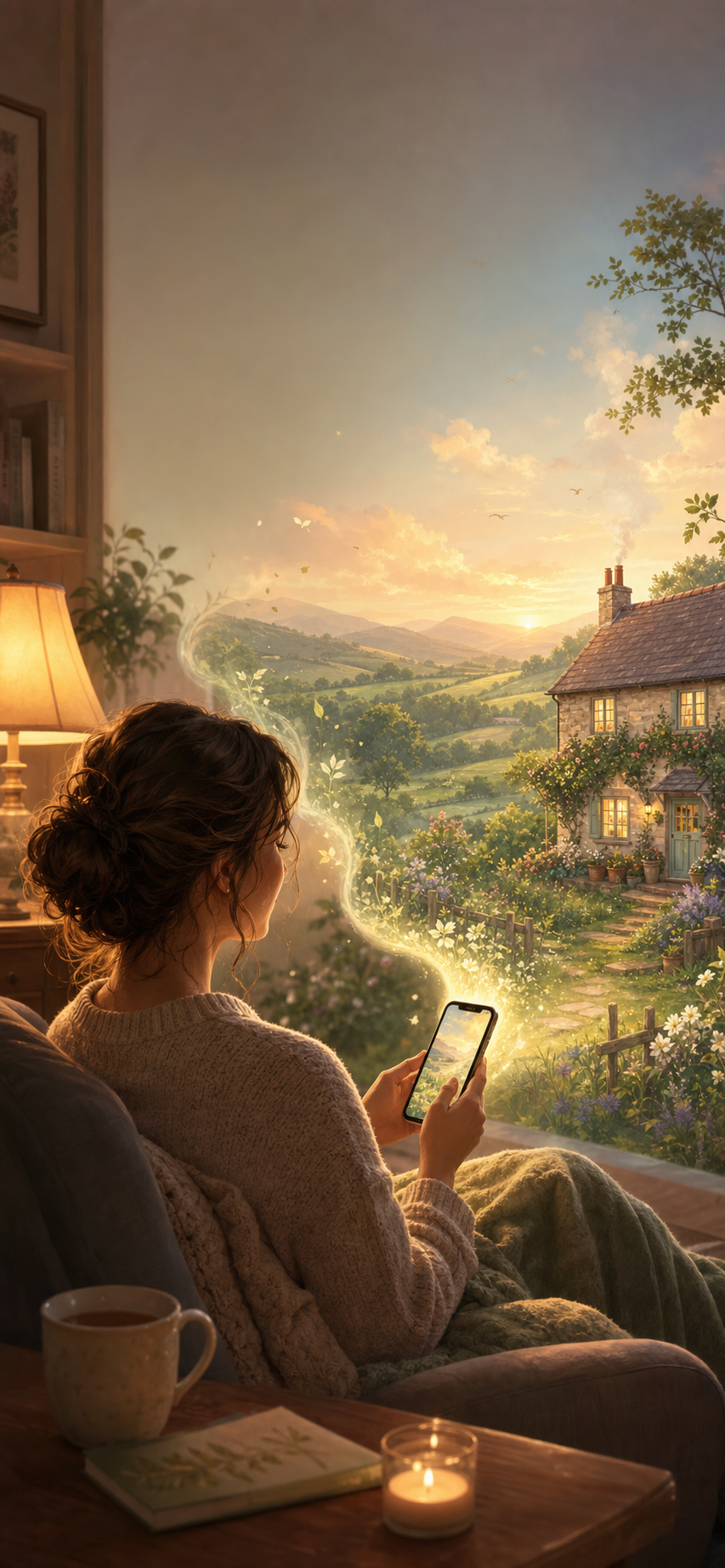A calm adult using a phone as a peaceful countryside cottage scene appears.